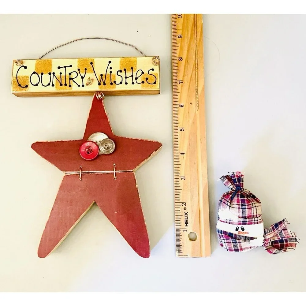 Primitive Wooden Star Country Wishes Wall Decor 9” & Fabric Snowman Pin Handmade